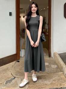 DAZY Women's Solid Color Round Neck Sleeveless Ruffled Simple Casual Long Dress Sundress Dress Cute Tops - Grey - View 2