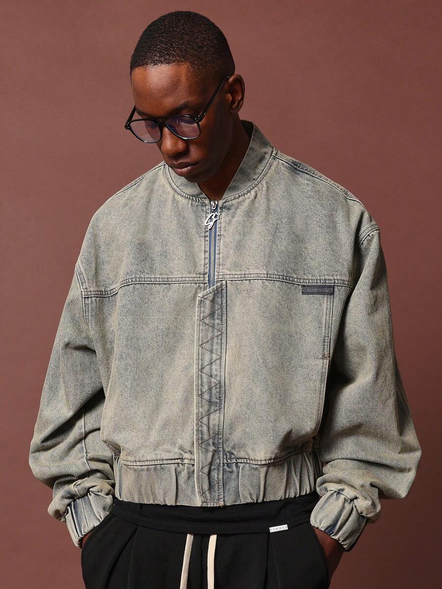 SUMWON Cropped Denim Bomber Jacket With Zipper Closure All Season ...