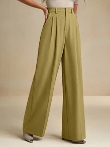 Anewsta Fashionable Minimalist Solid Color Wide Leg Work Pants - Mustard Yellow - View 5