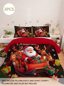 3 件套圣诞床上用品套装包括：1 件羽绒被套和 2 件枕套，柔软舒适，采用 100% 涤纶面料制成，无填充物，圣诞老人和雪橇图案，适合在卧室、宿舍或旅行中全年使用 - 彩色 - 查看 1