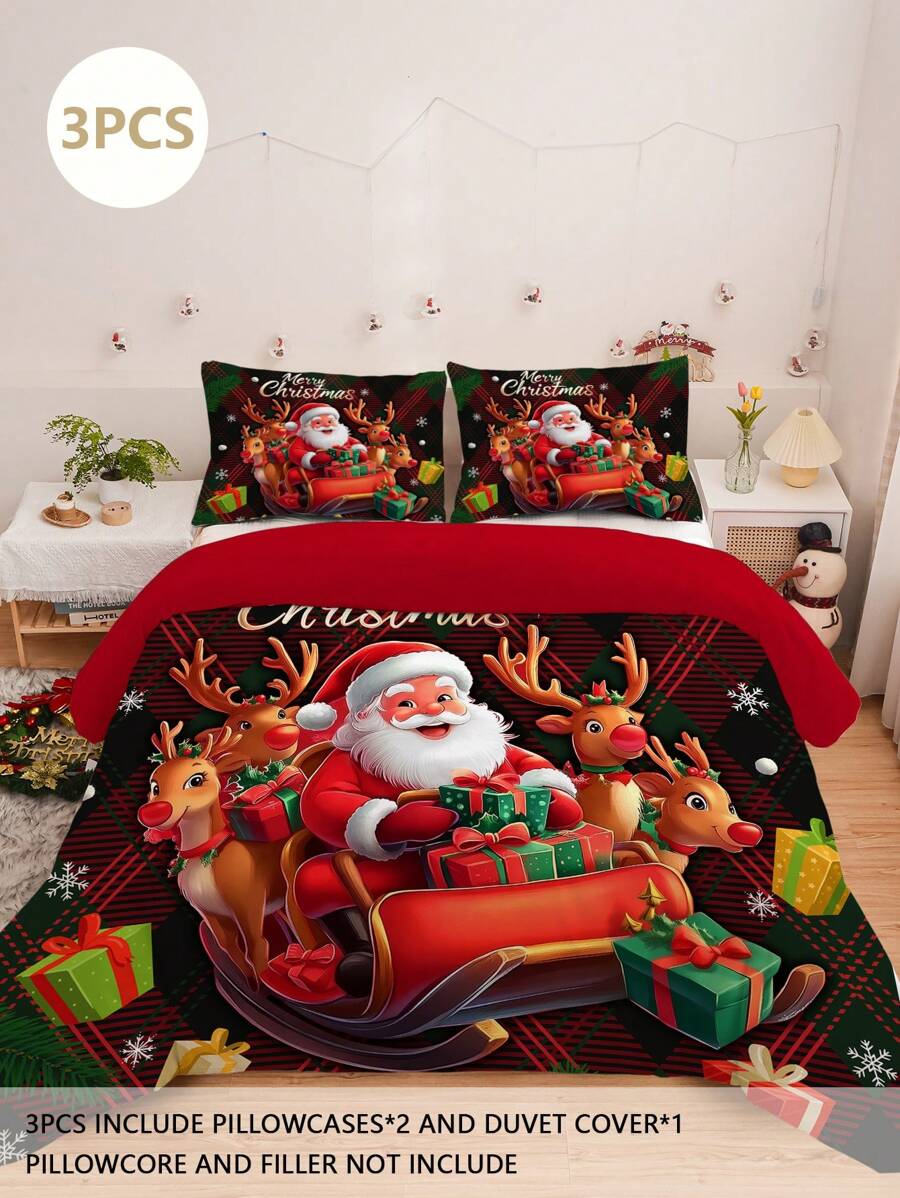 3 件套圣诞床上用品套装包括:1 件羽绒被套和 2 件枕套,柔软舒适,采用 100% 涤纶面料制成,无填充物,圣诞老人和雪橇图案,适合在卧室、宿舍或旅行中全年使用 - 彩色 - 查看 1