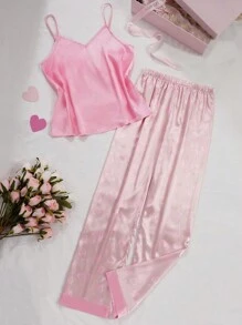 SHEIN 2pcs/Set Teen Girls Casual Heart Print Pants And Solid Cami Top, Comfortable Lounge Set - Multicolor - View 4