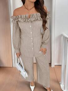 Calvaya 1 Set Ruffle Neck Ruffled Neck Button-Down Cardigan With Waistline, Elegant - Apricot - View 3