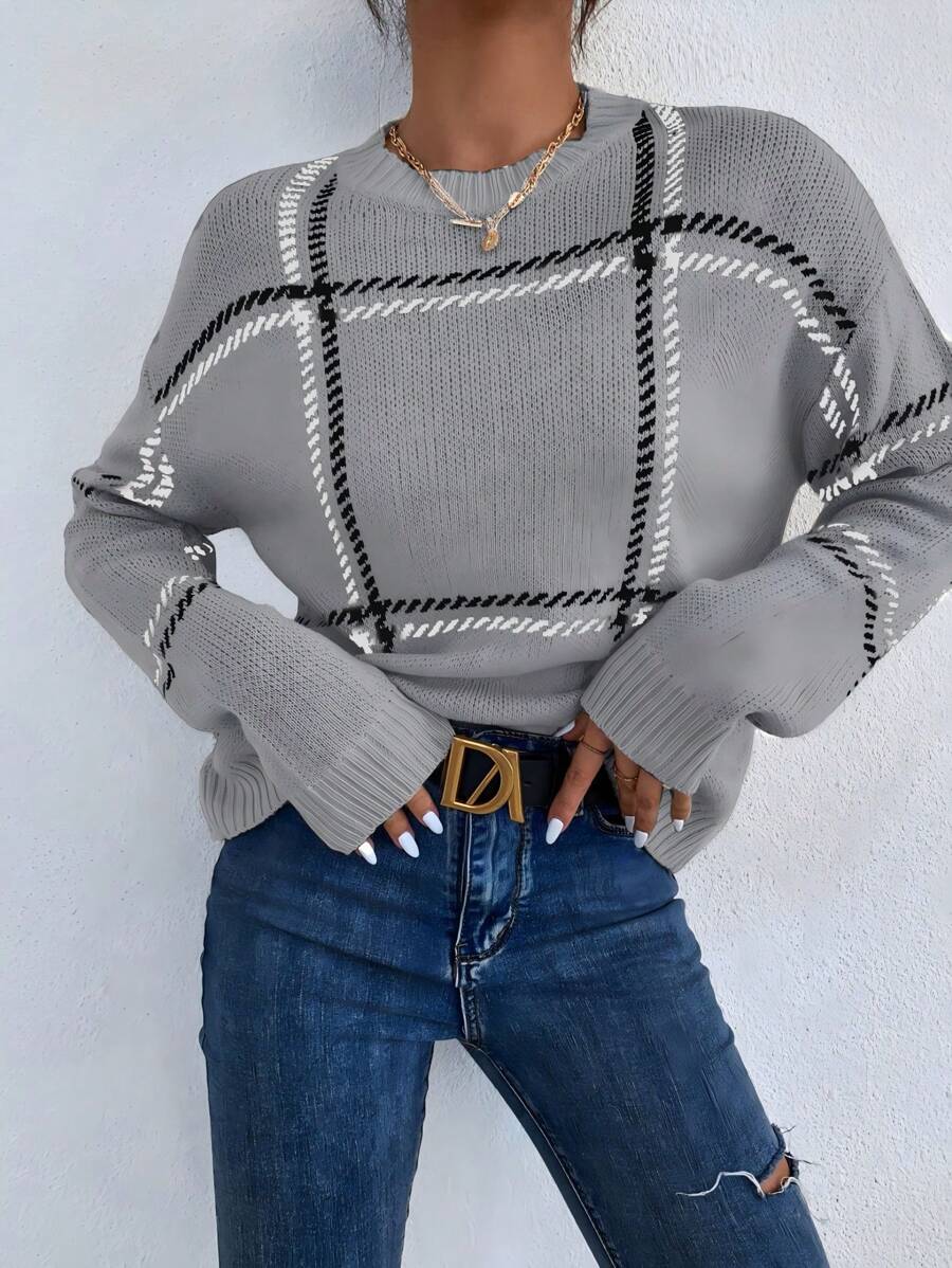 SHEIN LUNE 休闲拼色格子落肩毛衣，秋冬 - 灰色 - 查看 1