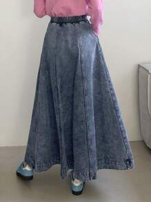 DAZY 女士A字牛仔裙，纯色休闲时尚，适合日常穿着 - 中等水洗藍 - 查看 3