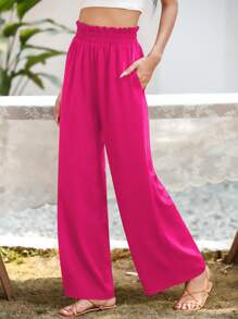 SHEIN LUNE Paperbag Waist Wide Leg Pants - Hot Pink - View 4
