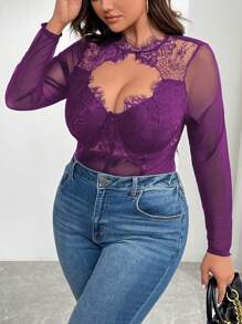 SHEIN Privé Plus Size Women Elegant Netted Lace Patchwork Underwire Bodysuits, Stretchy Sexy For Date, Party, All Season