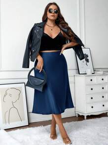 SHEIN LUNE Plus Size Women Solid Color Zipper Fastening Elegant Skirt Party Skirts