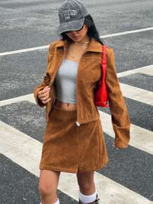 SHEIN EZwear Bộ đồ vest 2 món màu kaki da lộn dài tay và chân váy chữ A cho nữ - Màu Khaki - Xem 1