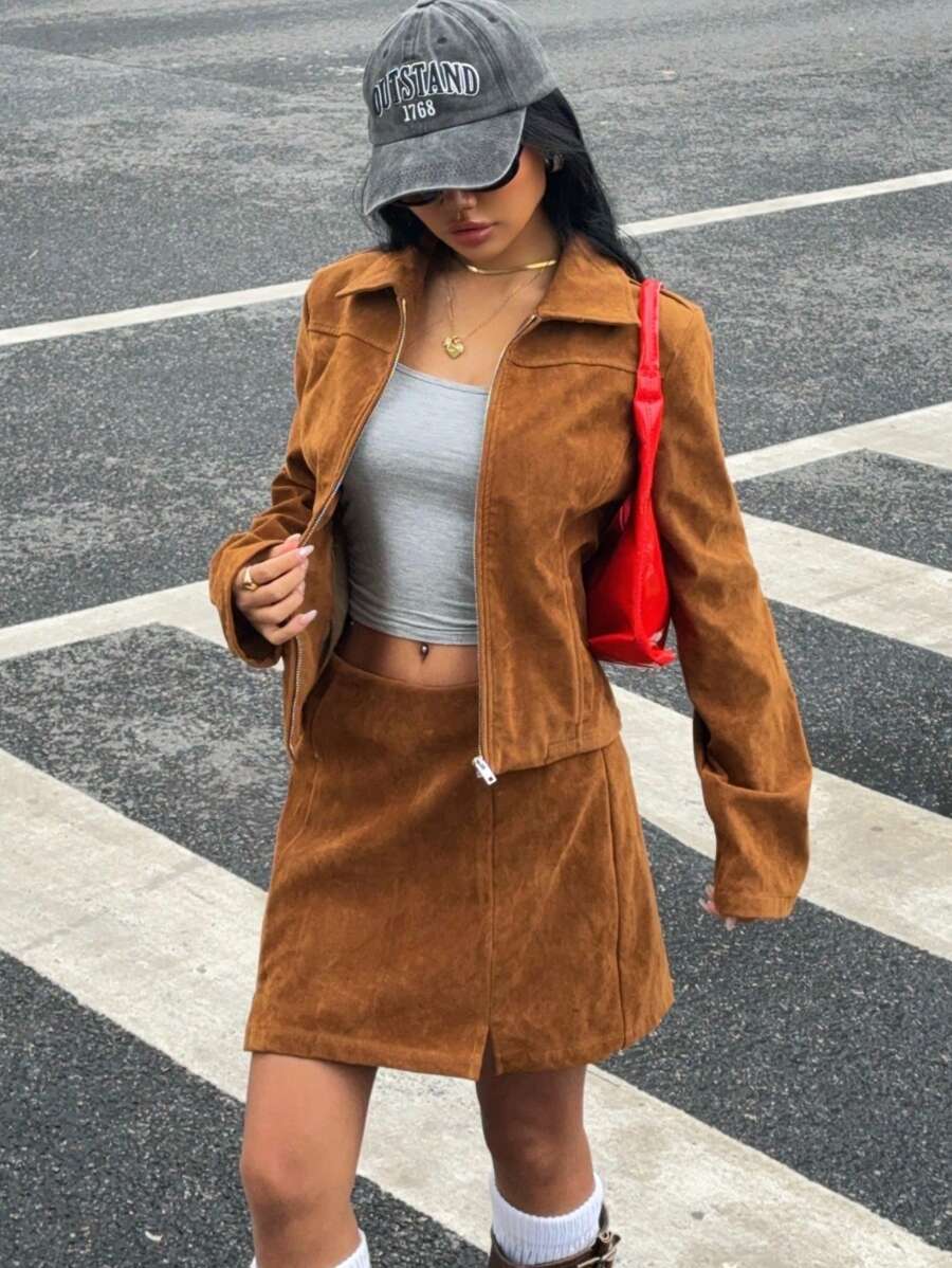 SHEIN EZwear Bộ đồ vest 2 món màu kaki da lộn dài tay và chân váy chữ A cho nữ - Màu Khaki - Xem 1