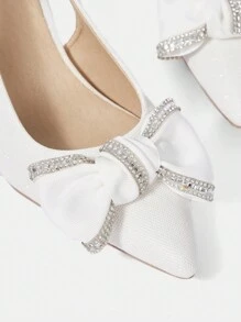 CUCCOO HITCHD White Crystal Bow Pointed Toe High Heel Pumps, Elegant For Commute, Date, Wedding, Party Spring Shoes Spring Break Easter Prom Heels