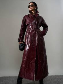 AiiRZ Luxury Patent Leather Quilted Maxi Trench Designer Full Length Fall Winter Statement Double Breasted Belted Fashion Outerwear Evening Long Coat