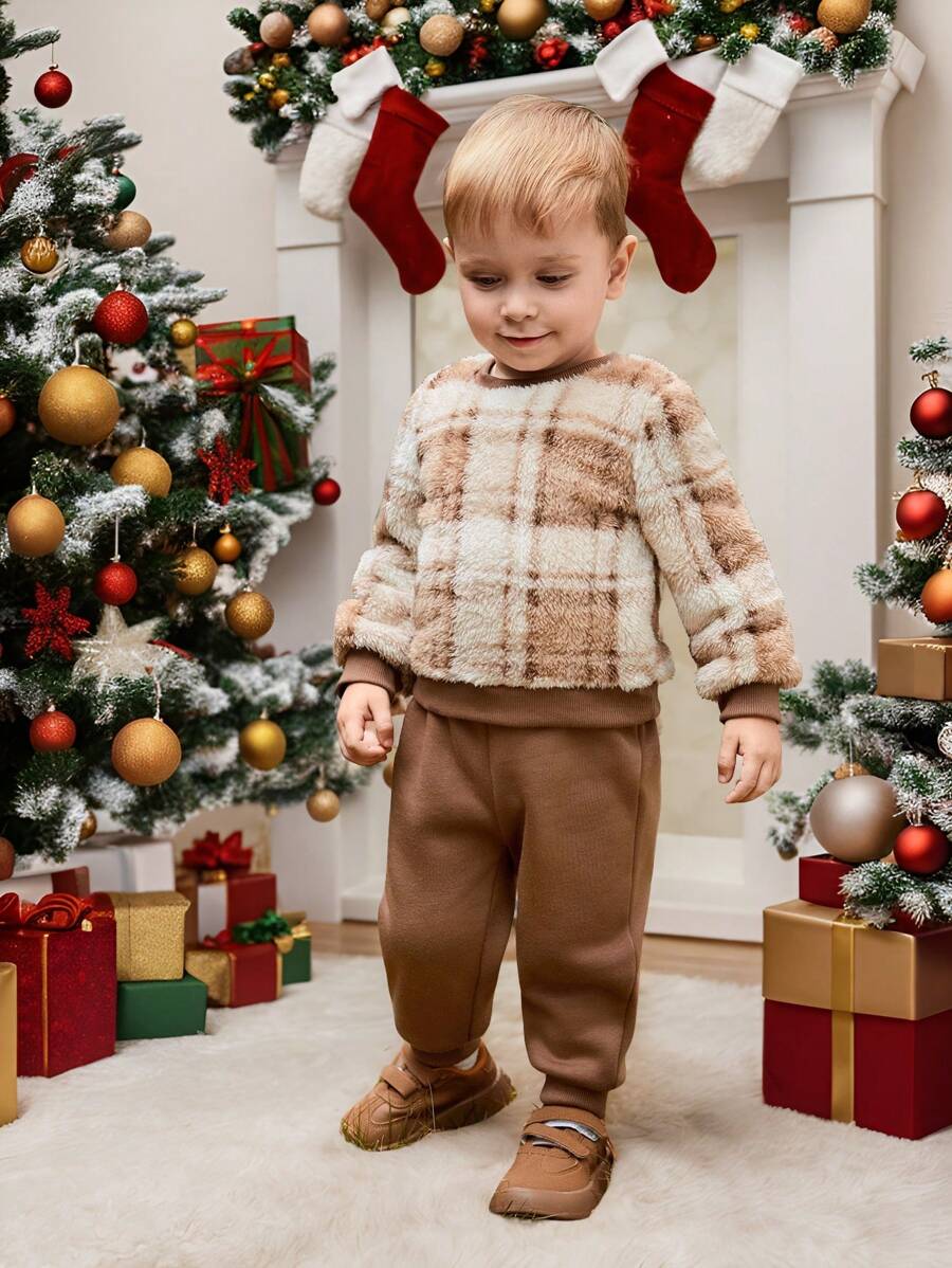 Cozy Pixies 2 Pieces Set: Baby Boys Plaid Fleece Crew Neck Sweatshirt And Pants, Warm Casual Outfit For Winter, Christmas, New Year, Indoor & Outdoor Wear , Fall Clothes