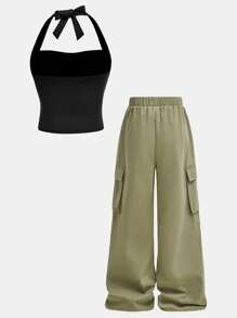 SHEIN Bộ đồ hai mảnh cho bé gái tuổi mới lớn, gồm áo ba lỗ không tay nhún bèo màu đen có nơ trang trí và quần ống đứng dệt màu xanh ô liu có túi 3D, trang phục thường ngày phong cách đường phố - màu đen - Xem 2