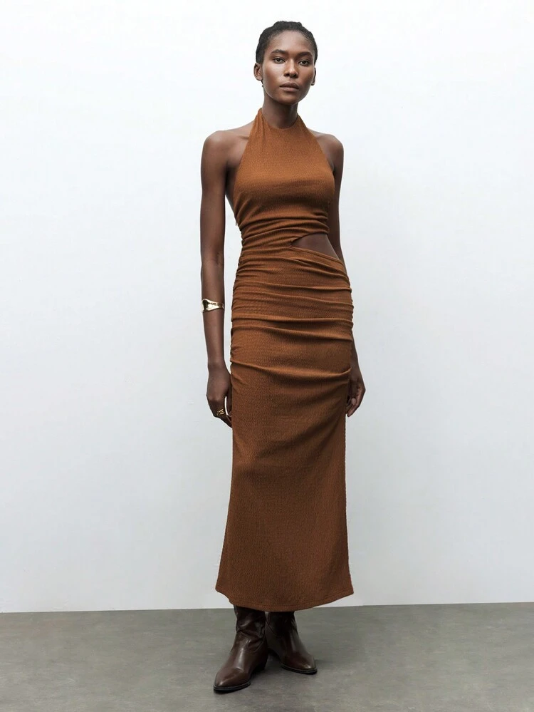 SHEIN Maija Women's Brown Elegant Long Dress, Sleeveless Solid Color Ruched Slim Fit Hollow Out Dress, Suitable For All Seasons Festival