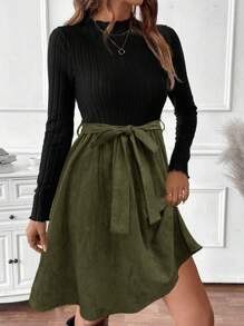 SHEIN Clasi 女式优雅休闲针织拼布豹纹长袖连衣裙 - 軍綠色 - 查看 5