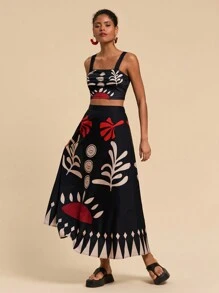 Travachic 2 Pieces Set: Figure-Hugging Print Cropped Knit Tank Top & High-Waisted Mini Skirt For Women - Black - View 5