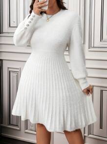 SHEIN Clasi 大码纯色长袖修身休闲毛衣裙，简约时尚，适合日常穿着 - 白色 - 查看 3