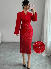 Selianne V 领锡箔拼布束腰女式优雅紧身连衣裙新年服装长款女装 - 紅色 - 查看 1