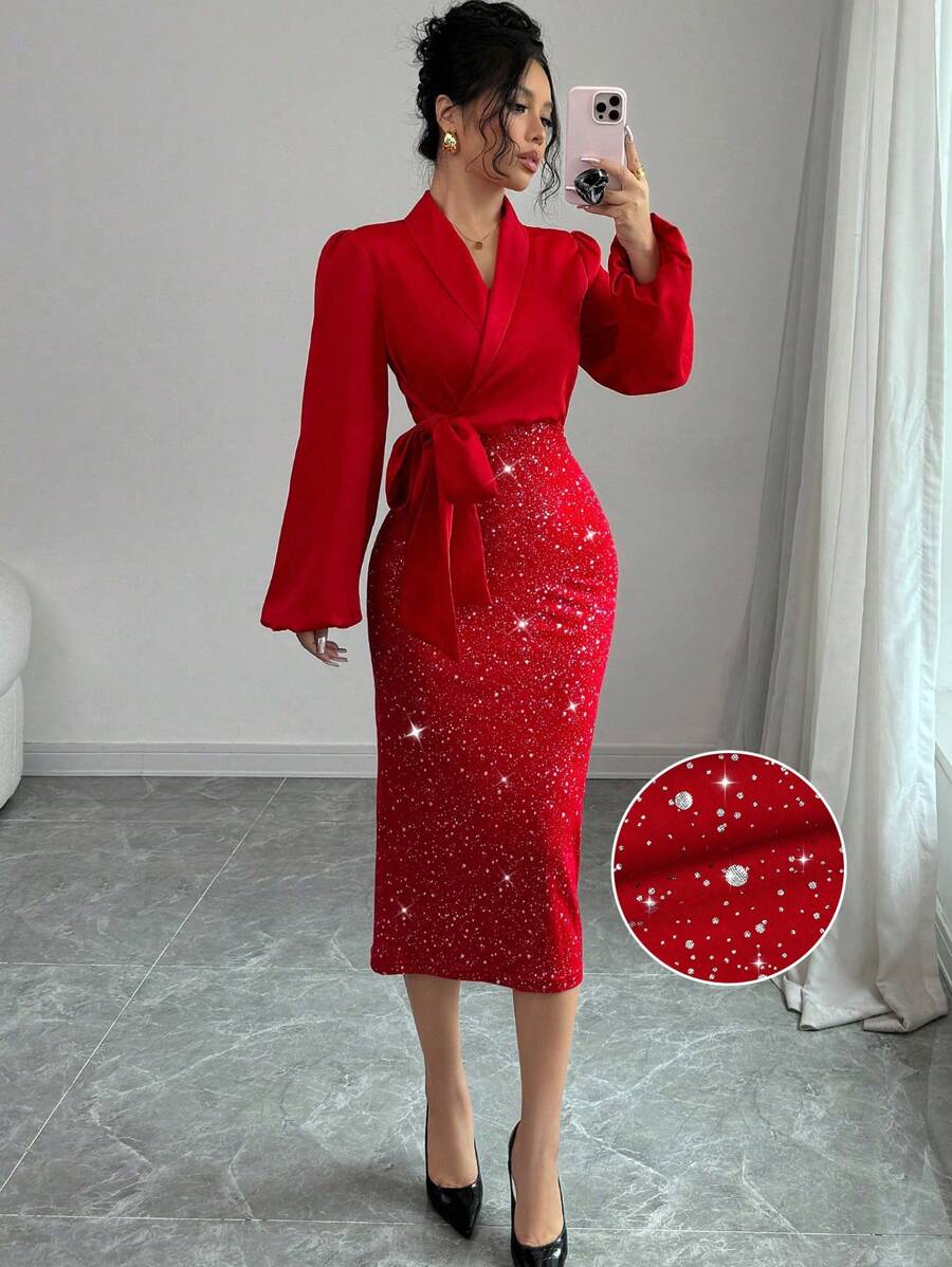 Selianne V 领锡箔拼布束腰女式优雅紧身连衣裙新年服装长款女装 - 紅色 - 查看 1