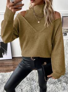 SHEIN Clasi Pullover Solid Color Open Shoulder Sweater, Minimalist Style For Casual Daily Wear Knit Pullover Fall Winter Sweater - Mustard Yellow - View 6