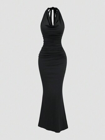 Sweetra Women's Black Draped Neck Bodycon Fish Tail Dress, Party