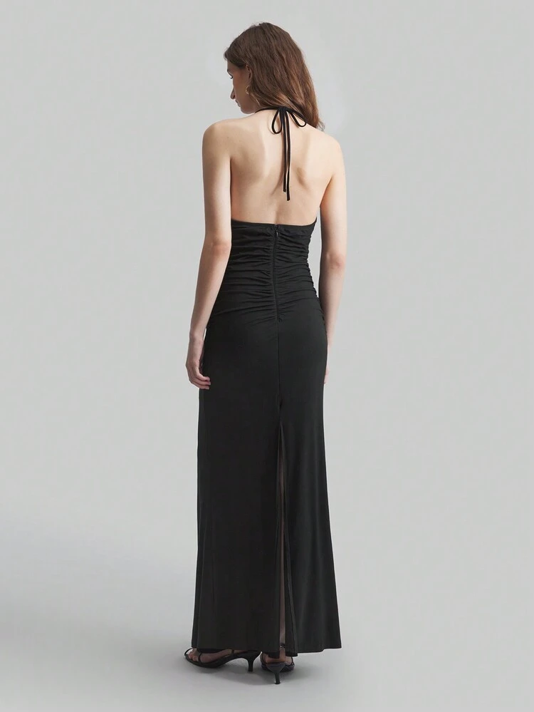 Women's 2025 Spring New V-Neck Tie Strap Floral Decor Backless Long Knit Dress, Black Color, Material, U-Neck Tie Strap Design