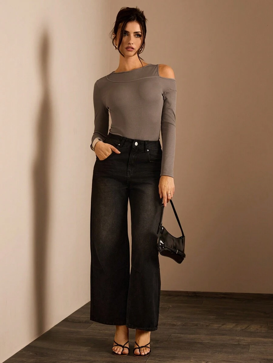 Glamine Women's Solid Color Open Shoulder Long Sleeve Bodysuit, Casual & Fashionable For Everyday Wear Fall Cloth For Women - Grey - View 1