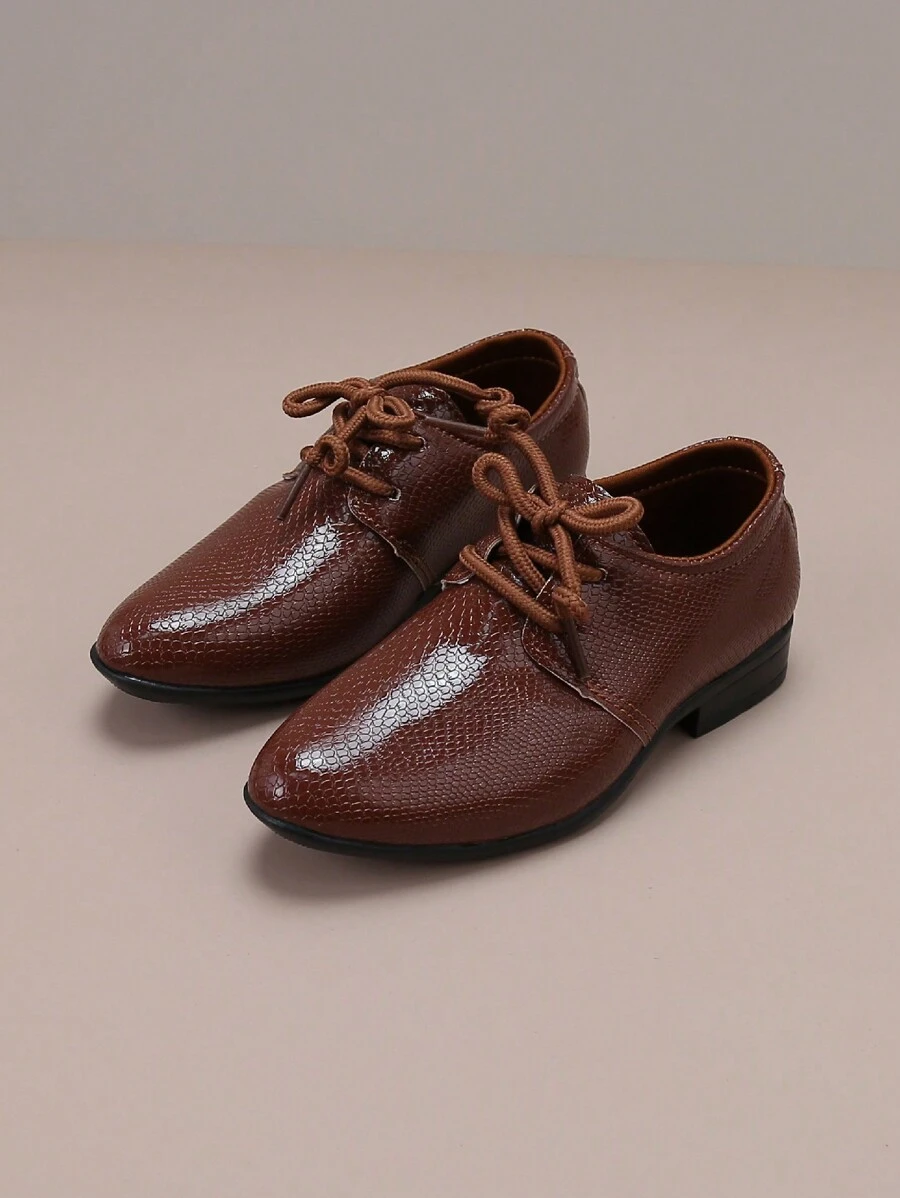 Sepatu Flat Anak Laki-Laki Motif Ular Ujung Lancip Kulit, Sepatu Formal Kulit PU untuk Pesta - Coklat - View 1