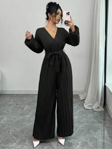 Selianne Bộ đồ liền thân cổ chữ V tay bèo nhún có dây buộc eo, quần dài ống rộng xếp ly, phong cách mới cho mùa xuân - màu đen - Xem 5