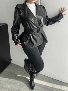 Flirla Plus Size Double Breasted, Wide Lapel, Self-Tie Belt, Flared Long Sleeve Loose Jacket - Black - View 4