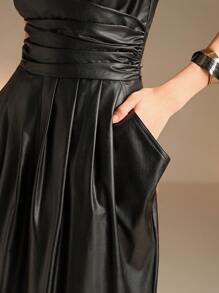 Anewsta Urban Chic Lightweight Faux Leather Textured Sleeveless Pleated Dress For Ladies Maxi Women Outfit