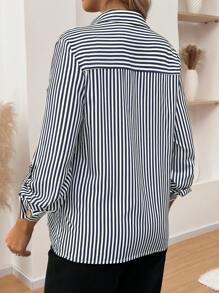 SHEIN Maternity Stripe Pocket Button Decor Shirt Collar Blouse - Blue and White - View 4