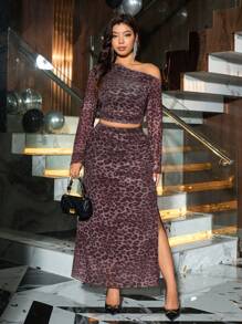 SHEIN Unity 2pcs/Set Plus Size Women Elegant Leopard Print Asymmetric Open Slit Skirt Set Fall Cloth For Women - Coffee Brown - View 6