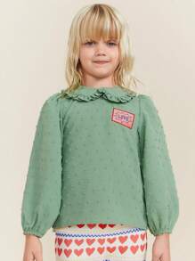 SHEIN Young Girls Casual Letter Embroidery Lantern Sleeve Blouse, Autumn - Green - View 4