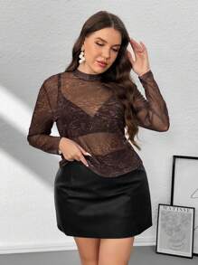 SHEIN Privé Plus Size Leopard Print Brown Sheer Mesh Knit Cami Top, Elegant For Valentine Party