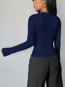 SHEIN EZwear Camiseta de manga larga con cuello redondo y estampado de araña, tejida para mujeres