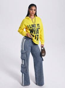 Jeanoix 复古运动织带直筒牛仔裤 宽松女士直筒牛仔裤