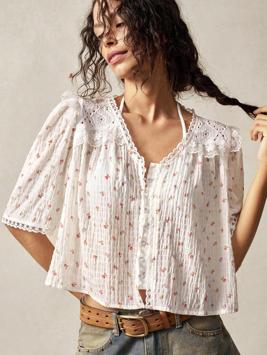 Bohemela 休闲编织图案彼得潘领宽松短袖女式衬衫 - 白色 - 查看 1