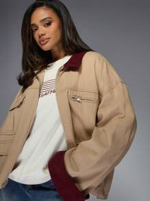 MISSGUIDED Utility Oversized Work Jacket Autumn Winter Cotton Canvas Outerwear With Burgundy Ribbed Collar Cuffs Zip Pockets Casual Street Style - Khaki - View 4