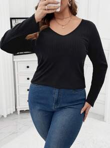 Flirla 大码女式优雅刺绣网眼蝴蝶贴花修身罗纹长袖 T 恤，春秋季 - 黑色 - 查看 4