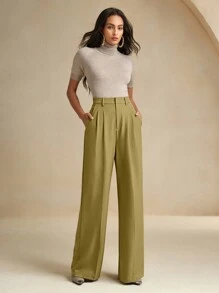 Anewsta Fashionable Minimalist Solid Color Wide Leg Work Pants - Mustard Yellow - View 6