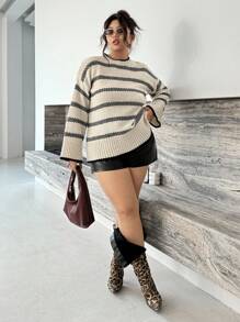 INAWLY 大码女式条纹圆领长袖宽松休闲针织衫，秋冬针织套头衫 - 彩色 - 查看 3