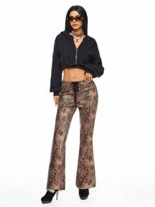 ROMWE Grunge Punk Quần ống loe cạp cao họa tiết da báo gợi cảm cổ điển Y2K có viền bất đối xứng với dây đeo chéo dành cho nữ - Nhiều màu - Xem 3