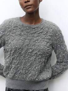 Maija Women's Fashionable Crystal & Rivet Decorated Round Neck Loose Fit Long Sleeve Sweater Top, Grey, Versatile For Party And Urban Wear, Early Spring - Grey - View 6