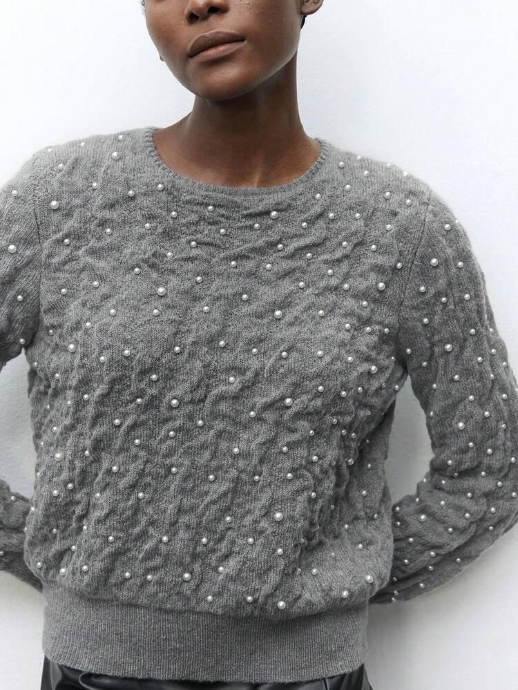 SHEIN Maija Women's Fashionable Crystal & Rivet Decorated Round Neck Loose Fit Long Sleeve Sweater Top, Grey, Versatile For Party And Urban Wear, Early Spring