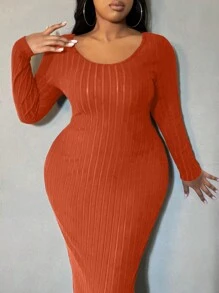 SHEIN SXY Plus Size Solid Color Sweetheart Collar Long Sleeve Casual Long Dress - Rust Brown - View 8