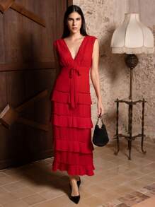 VERO DIAZ 设计师优雅红色雪纺褶皱 V 领无袖鸡尾酒会长裙、节日装、春夏装、节日、狂欢装 - 紅色 - 查看 5