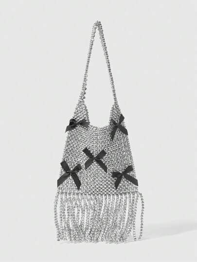 Goth Black Bow Decor Pearl Embellished Luxury Tassel Evening Bag Valentines