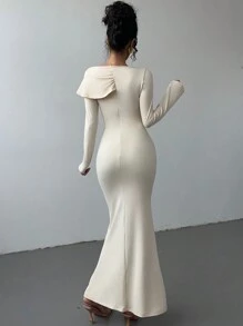 SHEIN Unity Women Solid Color Long Sleeve Pleated Simple Casual Dress Maxi Women Outfit - Apricot - View 2